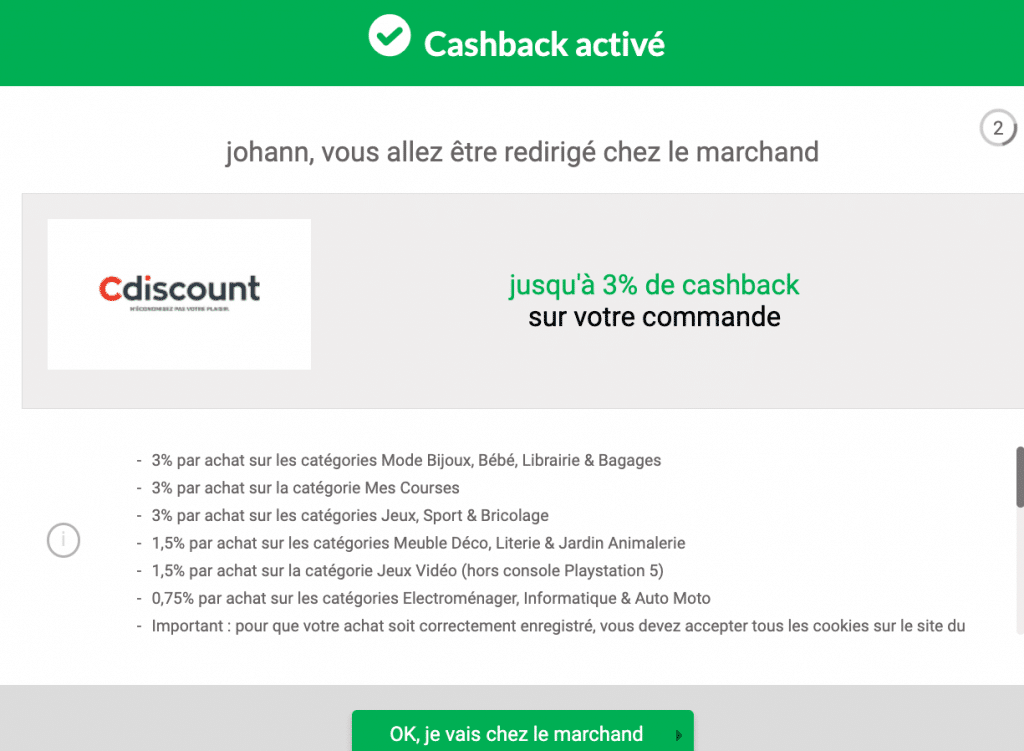cashback activated